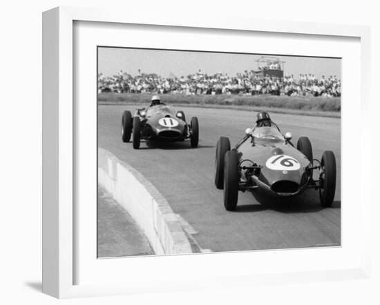 Graham Hill Leads in his Lotus 16 from Jack Brabham in Cooper T45, 1958 British Grand Prix-null-Framed Photographic Print