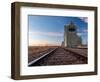 Grain elevator and railroad track, Milk River, Alberta, Canada-null-Framed Photographic Print