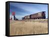 Grain Elevators and Wheat Train, Saskatchewan, Canada-Walter Bibikow-Framed Stretched Canvas