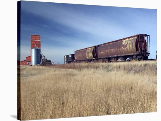 Grain Elevators and Wheat Train, Saskatchewan, Canada-Walter Bibikow-Stretched Canvas