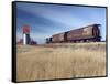 Grain Elevators and Wheat Train, Saskatchewan, Canada-Walter Bibikow-Framed Stretched Canvas
