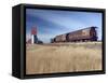 Grain Elevators and Wheat Train, Saskatchewan, Canada-Walter Bibikow-Framed Stretched Canvas