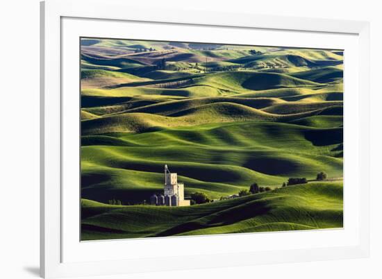 Grain silo and rolling wheat fields viewed from Steptoe Butte, Palouse farming region of Eastern Wa-Adam Jones-Framed Photographic Print