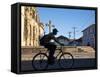 Granada, Man Riding Bike Past Iglesia De La Merced, Nicaragua-Jane Sweeney-Framed Stretched Canvas