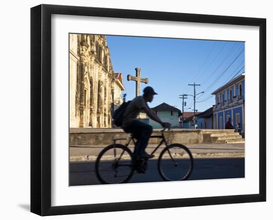 Granada, Man Riding Bike Past Iglesia De La Merced, Nicaragua-Jane Sweeney-Framed Photographic Print