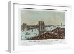 Grand Birds Eye View of the Great East River Suspension Bridge by Currier & Ives-null-Framed Giclee Print