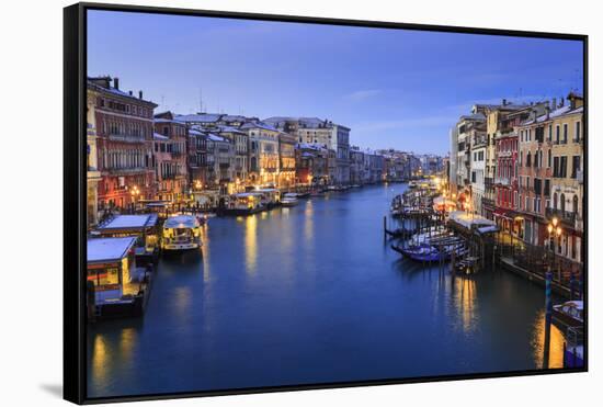 Grand Canal from Rialto Bridge after overnight snow, dawn blue hour, Venice, UNESCO World Heritage-Eleanor Scriven-Framed Stretched Canvas