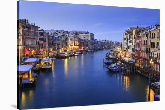 Grand Canal from Rialto Bridge after overnight snow, dawn blue hour, Venice, UNESCO World Heritage-Eleanor Scriven-Stretched Canvas