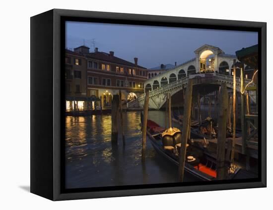 Grand Canal, Rialto Bridge at Night, Gondolas on Waterfront, Venice, Veneto, Italy-Christian Kober-Framed Stretched Canvas