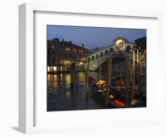 Grand Canal, Rialto Bridge at Night, Gondolas on Waterfront, Venice, Veneto, Italy-Christian Kober-Framed Photographic Print