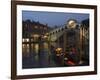 Grand Canal, Rialto Bridge at Night, Gondolas on Waterfront, Venice, Veneto, Italy-Christian Kober-Framed Photographic Print