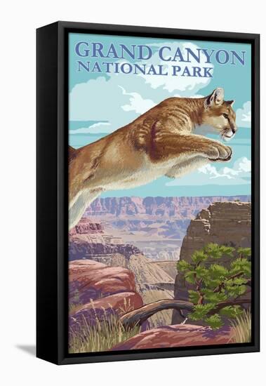 Grand Canyon National Park - Cougar Jumping-Lantern Press-Framed Stretched Canvas