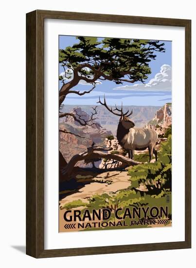 Grand Canyon National Park - Elk and South Rim-Lantern Press-Framed Art Print