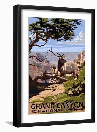 Grand Canyon National Park - Elk and South Rim-Lantern Press-Framed Art Print