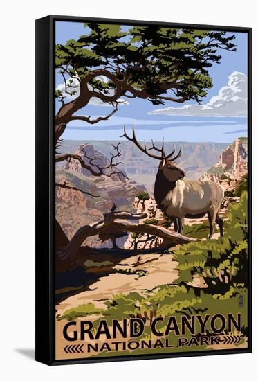 Grand Canyon National Park - Elk and South Rim-Lantern Press-Framed Stretched Canvas