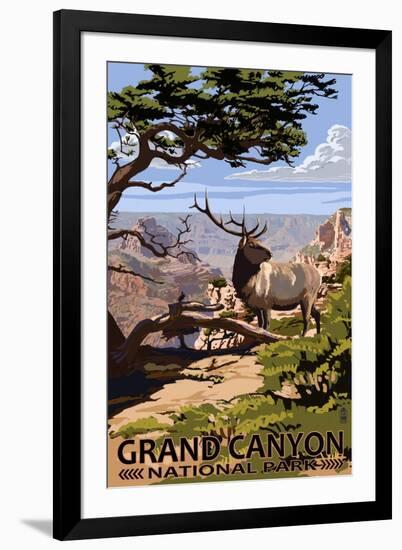 Grand Canyon National Park - Elk and South Rim-Lantern Press-Framed Art Print