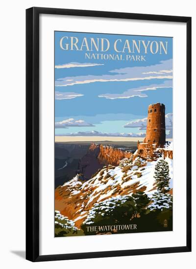 Grand Canyon National Park - Watchtower and Snow-Lantern Press-Framed Art Print