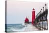 Grand Haven South Pier Lighthouse at Sunrise on Lake Michigan, Ottawa County, Grand Haven, Michigan-Richard and Susan Day-Stretched Canvas