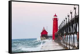 Grand Haven South Pier Lighthouse at Sunrise on Lake Michigan, Ottawa County, Grand Haven, Michigan-Richard and Susan Day-Framed Stretched Canvas