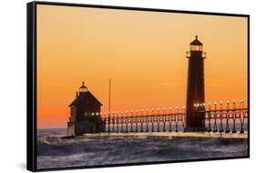 Grand Haven South Pier Lighthouse at Sunset on Lake Michigan, Ottawa County, Grand Haven, Michigan-Richard and Susan Day-Framed Stretched Canvas