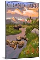 Grand Lake, Colorado - Moose and Meadow-Lantern Press-Mounted Art Print