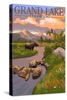 Grand Lake, Colorado - Moose and Meadow-Lantern Press-Stretched Canvas