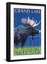 Grand Lake, Colorado - Moose at Night-Lantern Press-Framed Art Print