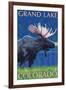 Grand Lake, Colorado - Moose at Night-Lantern Press-Framed Art Print