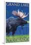 Grand Lake, Colorado - Moose at Night-Lantern Press-Framed Art Print