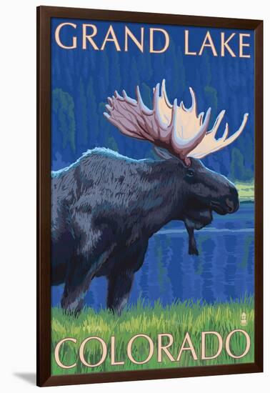 Grand Lake, Colorado - Moose at Night-Lantern Press-Framed Art Print