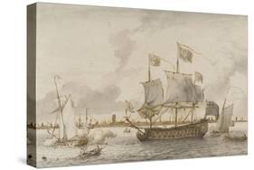 Grand navire anglais sur une rivière-Ludolf Backhuysen-Stretched Canvas