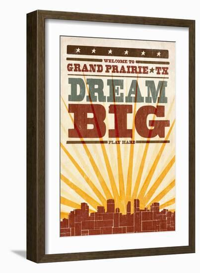 Grand Prairie, Texas - Skyline and Sunburst Screenprint Style-Lantern Press-Framed Art Print