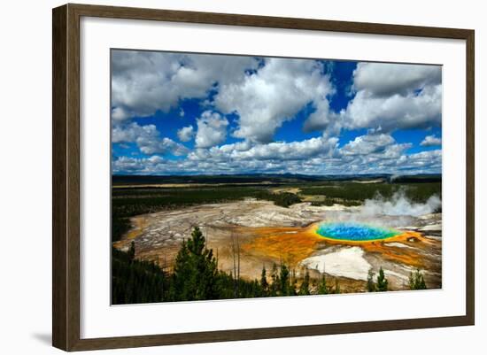 Grand Prismatic Pool at Yellowstone National Park with Blue Sky and Puffy Clouds-eric1513-Framed Photographic Print