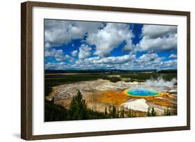 Grand Prismatic Pool at Yellowstone National Park with Blue Sky and Puffy Clouds-eric1513-Framed Photographic Print