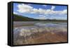 Grand Prismatic Spring Reflections with Twin Buttes, Midway Geyser Basin, Yellowstone National Park-Eleanor Scriven-Framed Stretched Canvas