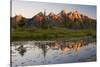 Grand Teton In Orange Light, Sunrise Along Water's Edge Of Schwabacher Landing, Grand Teton NP-Jay Goodrich-Stretched Canvas