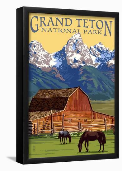 Grand Teton National Park - Barn and Mountains-null-Framed Poster