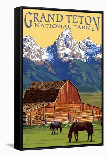 Grand Teton National Park - Barn and Mountains-Lantern Press-Framed Stretched Canvas