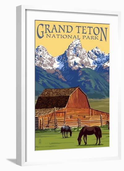 Grand Teton National Park - Barn and Mountains-Lantern Press-Framed Art Print