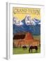 Grand Teton National Park - Barn and Mountains-Lantern Press-Framed Art Print