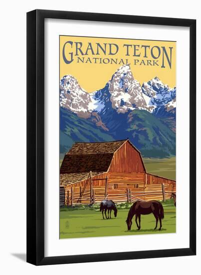 Grand Teton National Park - Barn and Mountains-Lantern Press-Framed Art Print