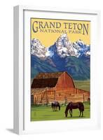 Grand Teton National Park - Barn and Mountains-Lantern Press-Framed Art Print