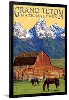 Grand Teton National Park - Barn and Mountains-Lantern Press-Framed Art Print