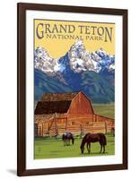 Grand Teton National Park - Barn and Mountains-Lantern Press-Framed Art Print