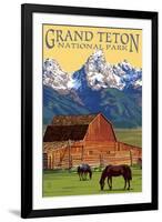 Grand Teton National Park - Barn and Mountains-Lantern Press-Framed Art Print