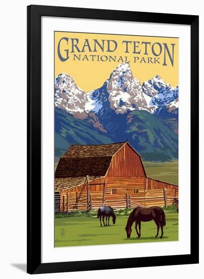 Grand Teton National Park - Barn and Mountains-Lantern Press-Framed Art Print