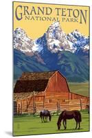 Grand Teton National Park - Barn and Mountains-Lantern Press-Mounted Art Print