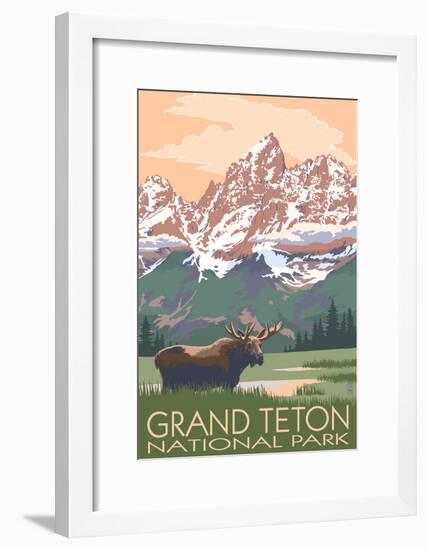 Grand Teton National Park - Moose and Mountains-null-Framed Poster