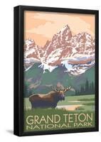 Grand Teton National Park - Moose and Mountains-null-Framed Poster