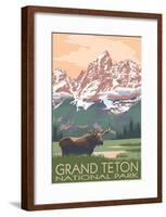 Grand Teton National Park - Moose and Mountains-null-Framed Poster